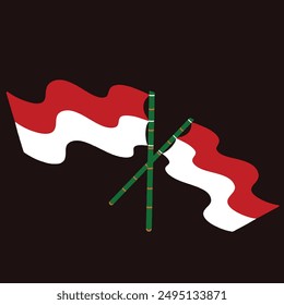 The red and white colors of the Indonesian flag flutter on a bamboo pole. vector illustration