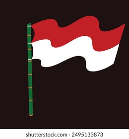 The red and white colors of the Indonesian flag flutter on a bamboo pole. vector illustration