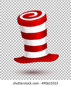 Red and white colors striped realistic vector crazy carnival hat isolated on transparency grid background