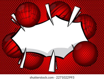 Red and white comic book poster with spheres. Comics Presentation with Advertising space, abstract background. Retro pop art style.