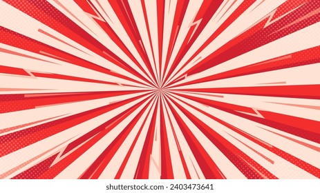Red and white comics style background. Pop art retro vector background. Focus lines background. Comic style background with lightning and halftone effect.