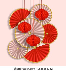 Red and white composition with paper flowers, fans and lanterns