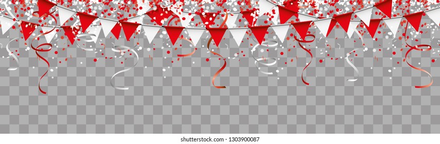 Red and white confetti with ribbons and festoons on the checked background. Eps 10 vector file.