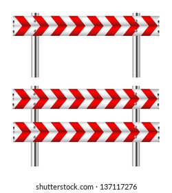 Red and white construction barricade on white