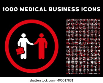 Red And White Contract Meeting vector bicolor rounded icon. Image style is a flat icon symbol inside a circle, black background. Bonus set has 1000 medical business pictographs.