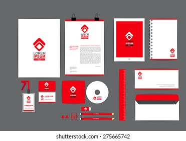 red and white corporate identity template  for your business includes CD Cover, Business Card, folder, ruler, Envelope and Letter Head Designs