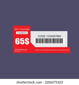 Red and White coupon discount. 65$ price offer, promo code gift voucher and coupons template. Vector illustration.