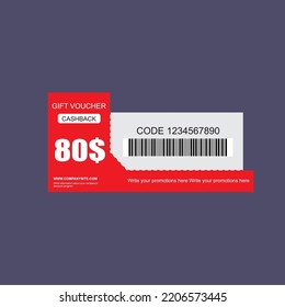 Red and White coupon discount. 80$ price offer, promo code gift voucher and coupons template. Vector illustration.