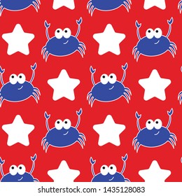 Red and white Crab Beach Seamless vector pattern. Hand drawn elements make up this unique pattern. Perfect for fabrics, towels, pillows, scrapbooking, gift wrap and more!    