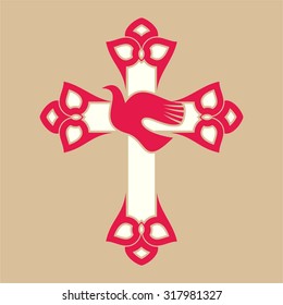 Red and white cross with dove