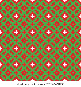 Red and white cross-stitch knitting pattern on green background. Red and white square dots on green backdrop. Monochrome fabric pattern design for sale. Knitting handicraft art.