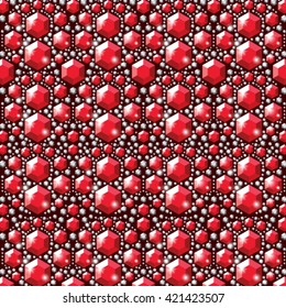 Red and white crystals background. Large and small faceted gemstones with glitter on a dark background.