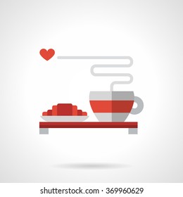 Red and white cup with hot coffee and heart on steam and croissant. Coffee in bed sign. Valentines day theme. Vector icon flat color style with red. Element for web design, business, mobile app.