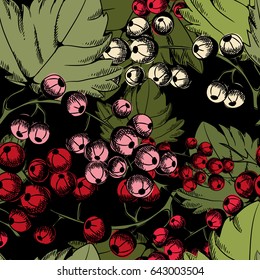 Red and white currant seamless pattern. Vector illustration on black background