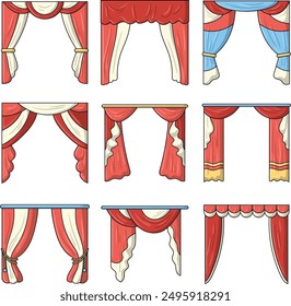 Red and white curtains. Theater fabric decoration for opera hall. Curtains and draperies interior decoration object. Isolated on transparent for theater stage