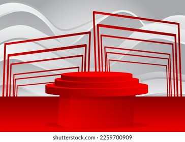 Red and white cylinder pedestal podium. Abstract Sci-fi Stage showcase. Mockup product display for presentation. Futuristic vector minimal geometric forms, empty scene.