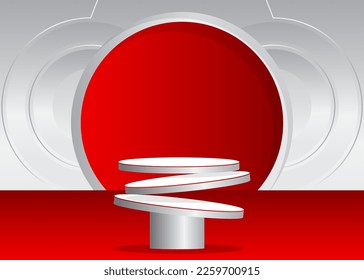 Red and white cylinder pedestal podium. Abstract Sci-fi Stage showcase. Mockup product display for presentation. Futuristic vector minimal geometric forms, empty scene.