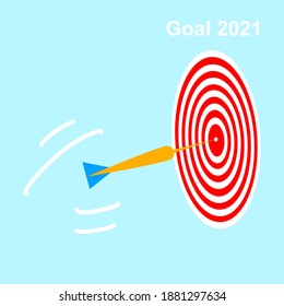 Red and white Darts board on softness blue background with word, Goal 2021. Flat design and minimal style. Business concept.