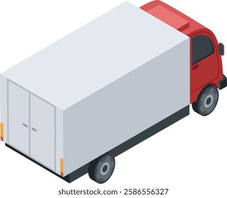 Red and white delivery truck transporting merchandise, an isometric view of a commercial vehicle designed for shipping and freight, ideal for logistics and transportation themes