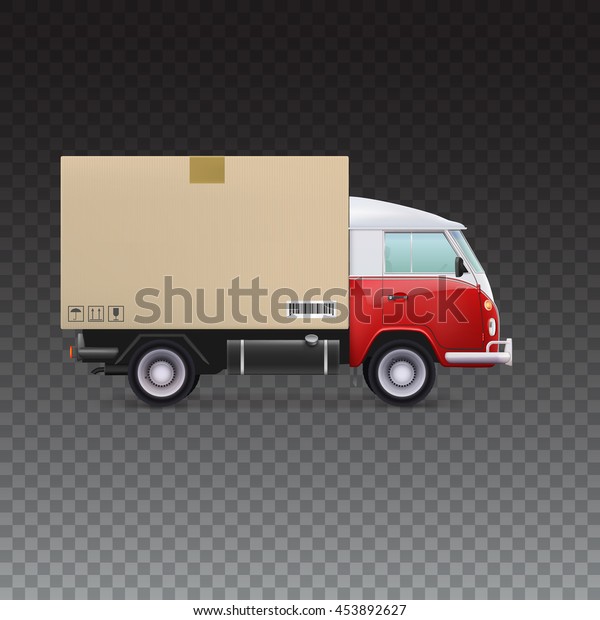Red and white delivery van with cardboard\
package and fragile signs. Delivery vehicle truck for the shipping\
of goods on transparent\
background.
