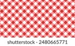 Red and white diagonal gingham or vichy pattern. Textile design. Traditional tablecloth, picnic plaid, basket napkin, towel or handkerchief print. Checkered background. Vector flat illustration.