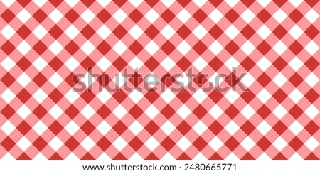 Red and white diagonal gingham or vichy pattern. Textile design. Traditional tablecloth, picnic plaid, basket napkin, towel or handkerchief print. Checkered background. Vector flat illustration.