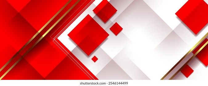 Fondo abstracto cuadrado diagonal rojo y blanco con rayas doradas. Ideal para el diseño corporativo de negocios
