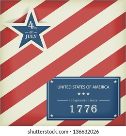 Red white diagonally striped background with big blue star with the wording: 4th of July and a blue label with the wording: United Stated of America independent since 1776.