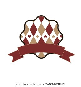 Red and White Diamond Badge Vector Art with Satin Ribbon. Classic Checkered Pattern for Branding, Packaging, Digital Projects. Editable Colors, High-Resolution Files