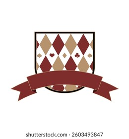 Red and White Diamond Badge Vector Art with Satin Ribbon. Classic Checkered Pattern for Branding, Packaging, Digital Projects. Editable Colors, High-Resolution Files