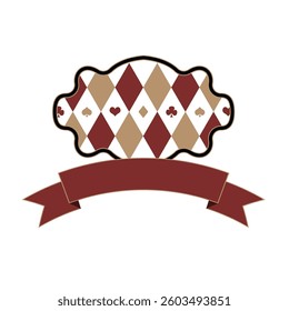 Red and White Diamond Badge Vector Art with Satin Ribbon. Classic Checkered Pattern for Branding, Packaging, Digital Projects. Editable Colors, High-Resolution Files