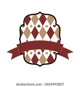 Red and White Diamond Badge Vector Art with Satin Ribbon. Classic Checkered Pattern for Branding, Packaging, Digital Projects. Editable Colors, High-Resolution Files