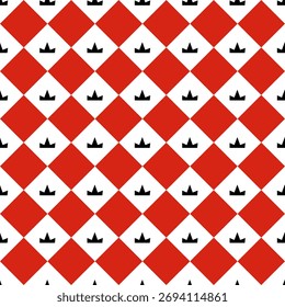 Red and White Diamond Checkered Pattern with Black Crown Icons, Seamless Argyle Geometric Background for Fabric, Wallpaper, Wrapping Paper, and Royal Decorative Design