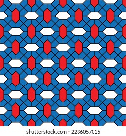 Red and white diamond shape and diagonal line pattern on blue background. Linked diagonal line and hexagon shape. Multicolor lattice pattern on blue background.