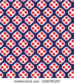 Red and white dice pattern on blue background. Diagonal rounded square and dots pattern on blue backdrop. Modern abstract pattern art.