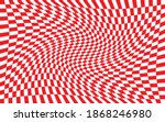 Red and white distorted checkered pattern background. Vector illustration of red and white squares. Torsion, twist, rotary deform, gyration, revolve checkerboard graphic. Croatian checkerboard concept