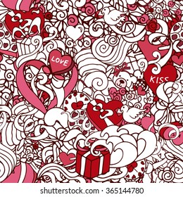 Red and white doodle abstract decorative Love vector seamless pattern with curls, hearts, presents, roses, etc.