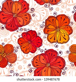 Red and white doodle flowers vector seamless pattern