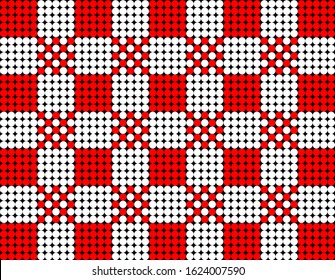 Red and white dot plaid. Tile vector pattern with red and white polka dots on black background.