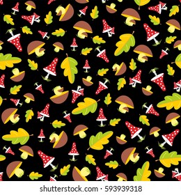 red with white dots mushrooms and brown mushrooms vector-black background with leaves seamless pattern