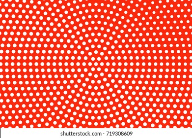 Red and white dotted halftone vector background. Polka dot round pattern. Centered halftone ornament. Retro banner template. Bright vintage dotted pattern. Abstract dotted backdrop. Pop art design