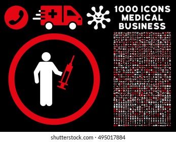 Red And White Drug Dealer vector bicolor rounded icon. Image style is a flat icon symbol inside a circle, black background. Bonus clip art is 1000 health care business pictographs.