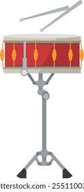 A red and white drum is on a stand
