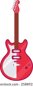 Red and white electric guitar featuring a brown neck and tuning pegs, standing vertically against a plain white background, presented as a simple vector illustration