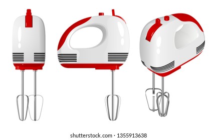 Red - white electric mixer, side view, front and isometric view, isolated on white background