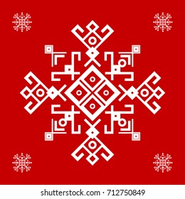 Red and white ethnic design with traditional tribal motifs. Mayan symbol ethnic pattern, geometric design in Christmas colors, winter holiday background. Embroidery style winter clothes ornament.