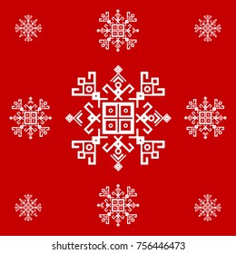 Red and white ethnic design with traditional tribal motifs. Mayan symbol ethnic pattern, geometric design in Christmas colors, winter holiday background. Embroidery style winter clothes ornament.
