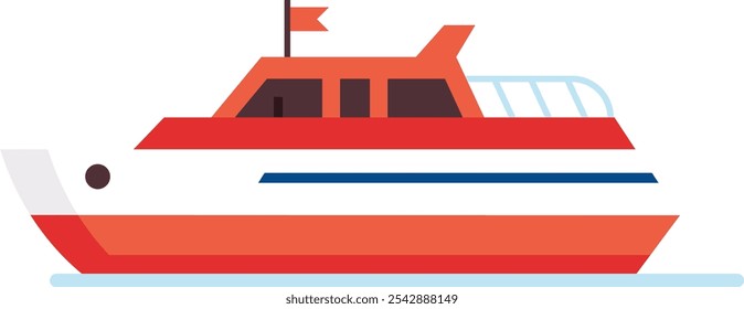 Barco ferry vermelho e branco navegando em água calma, com uma pequena bandeira vermelha no topo, oferecendo serviços de transporte de passageiros