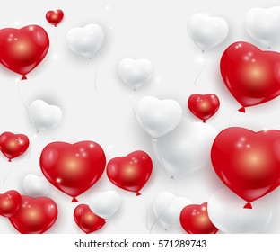 Red and white festive balloons in shape of heart, romantic vector background with sparkles.