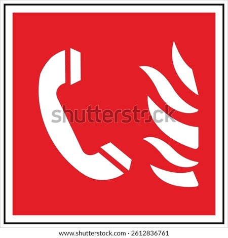 Red and white fire emergency call sign showing a phone and flames, indicating reporting fire incidents.